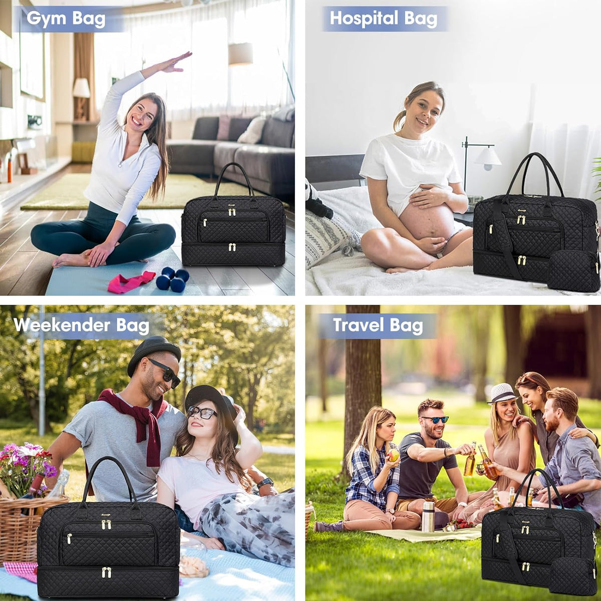 Large Women Travel Duffle Bag, Carry on Bag with Wet Toiletry Pocket for Overnight, Weekend, Yoga, Gym, Business Trips, Sport and Hospital, Black - Colors A