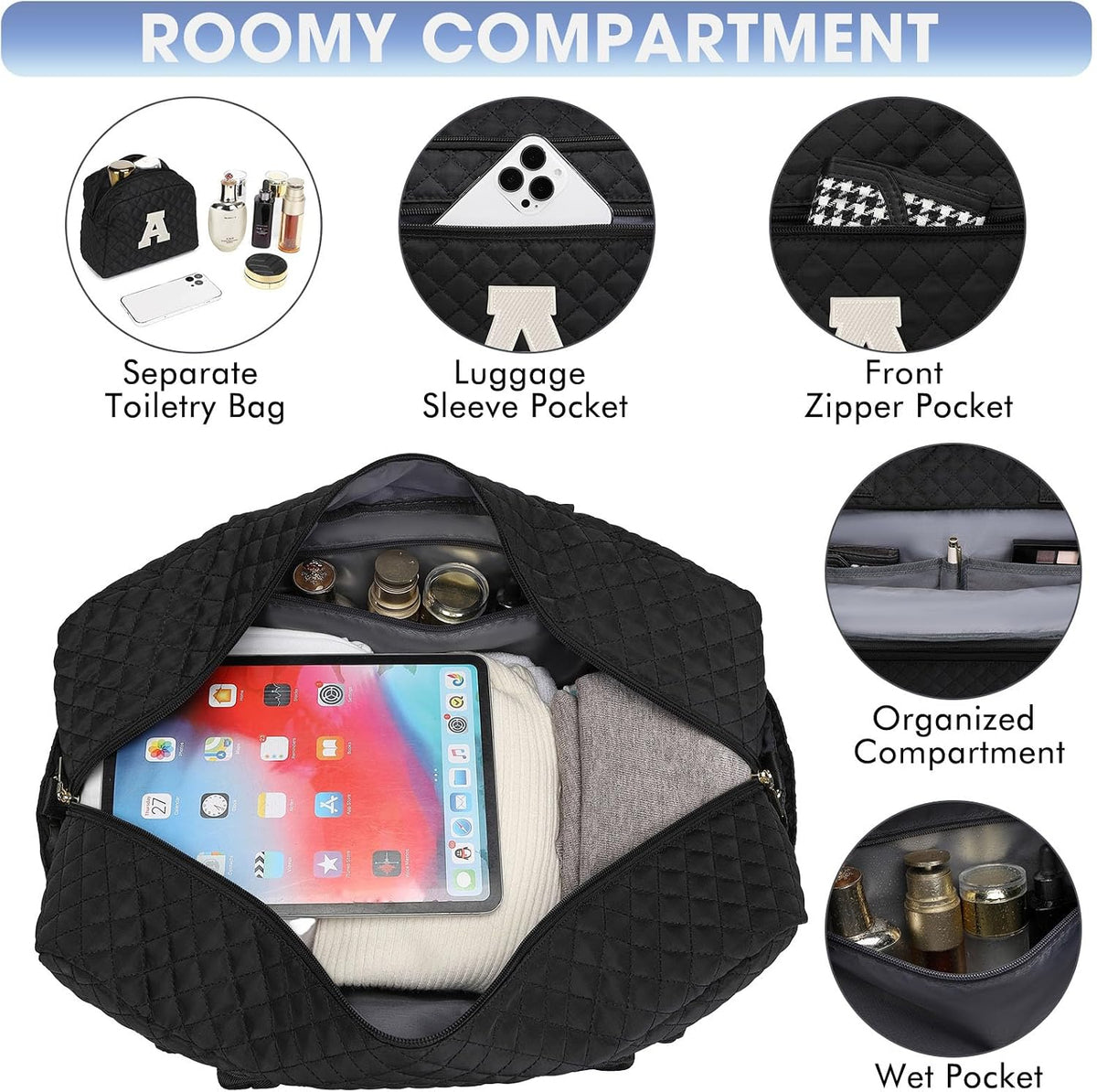 Large Women Travel Duffle Bag, Carry on Bag with Wet Toiletry Pocket for Overnight, Weekend, Yoga, Gym, Business Trips, Sport and Hospital, Black - Colors A