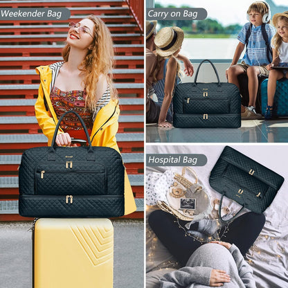 Large Women Travel Duffle Bag, Carry on Bag with Wet Toiletry Pocket for Overnight, Weekend, Yoga, Gym, Business Trips, Sport and Hospital, Black - Colors A