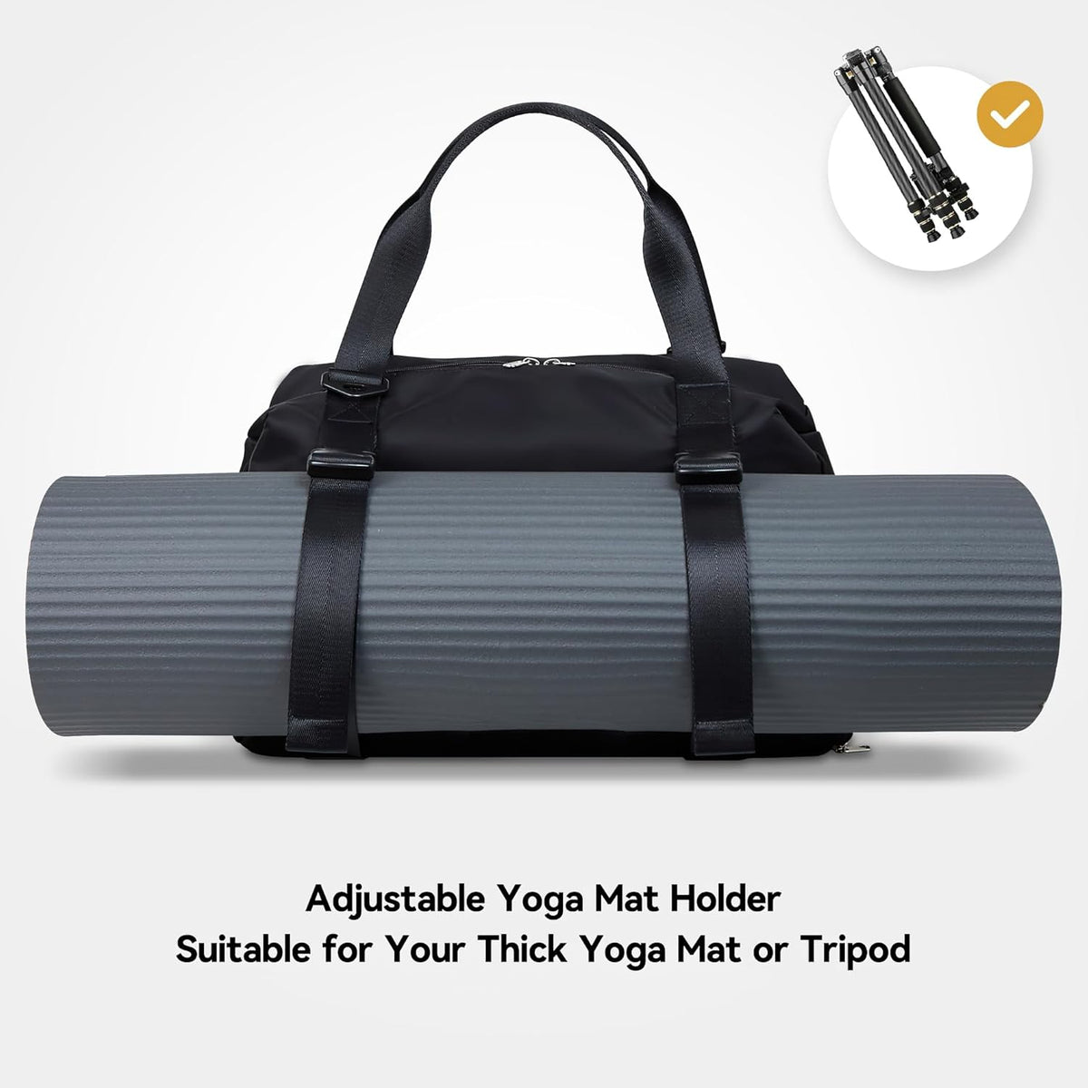 Gym Bag with Yoga Mat Holders, Carry On for Pilates Women & Men with Laptop & Shoe Compartment Large Duffle Travel Weekender Tote with Key Ring Clip Personal Item Workout, Easy to Clean - Black