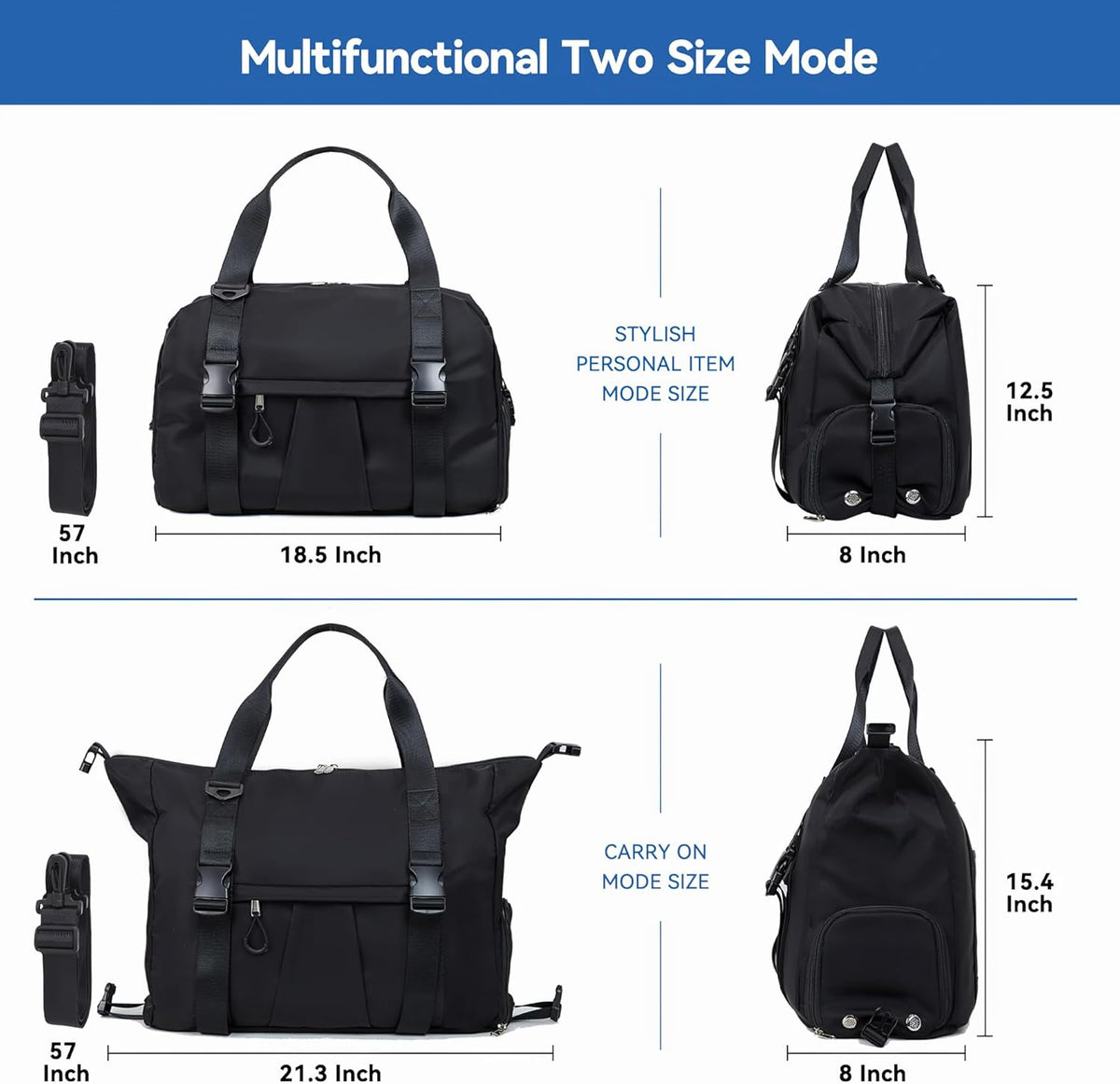 Gym Bag with Yoga Mat Holders, Carry On for Pilates Women & Men with Laptop & Shoe Compartment Large Duffle Travel Weekender Tote with Key Ring Clip Personal Item Workout, Easy to Clean - Black