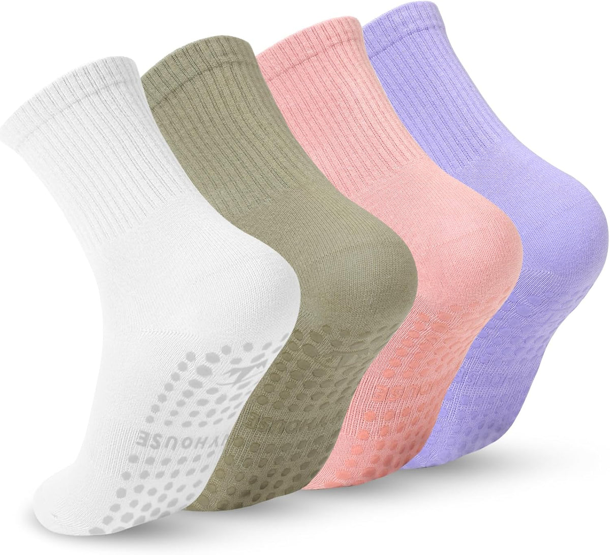 Pilates Yoga Socks with Grips for Women - Crew Length Ballet Barre Socks - Sticky Workout Hospital Socks