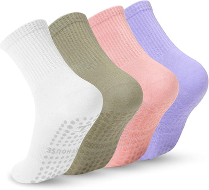 Pilates Yoga Socks with Grips for Women - Crew Length Ballet Barre Socks - Sticky Workout Hospital Socks