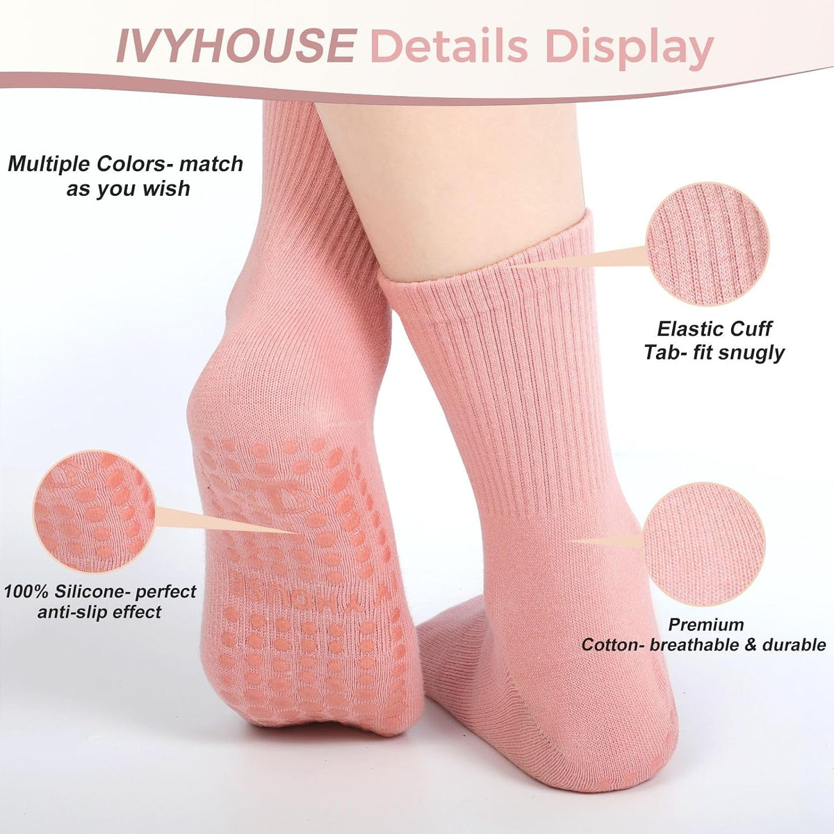 Pilates Yoga Socks with Grips for Women - Crew Length Ballet Barre Socks - Sticky Workout Hospital Socks