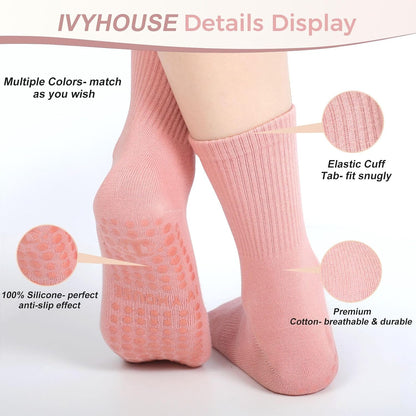 Pilates Yoga Socks with Grips for Women - Crew Length Ballet Barre Socks - Sticky Workout Hospital Socks