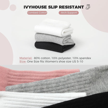 Pilates Yoga Socks with Grips for Women - Crew Length Ballet Barre Socks - Sticky Workout Hospital Socks