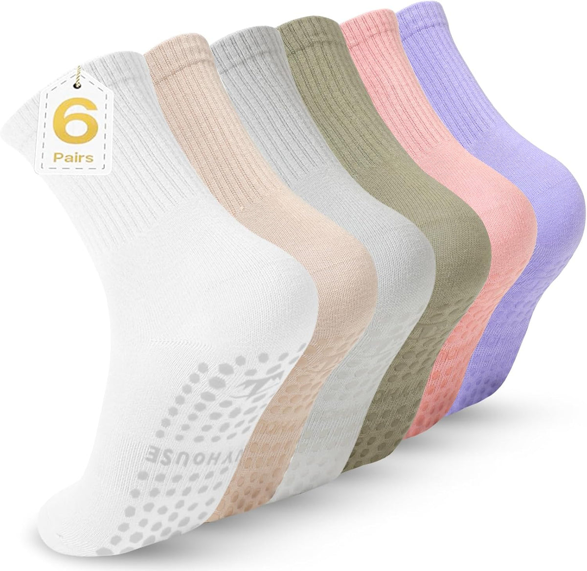 Pilates Yoga Socks with Grips for Women - Crew Length Ballet Barre Socks - Sticky Workout Hospital Socks