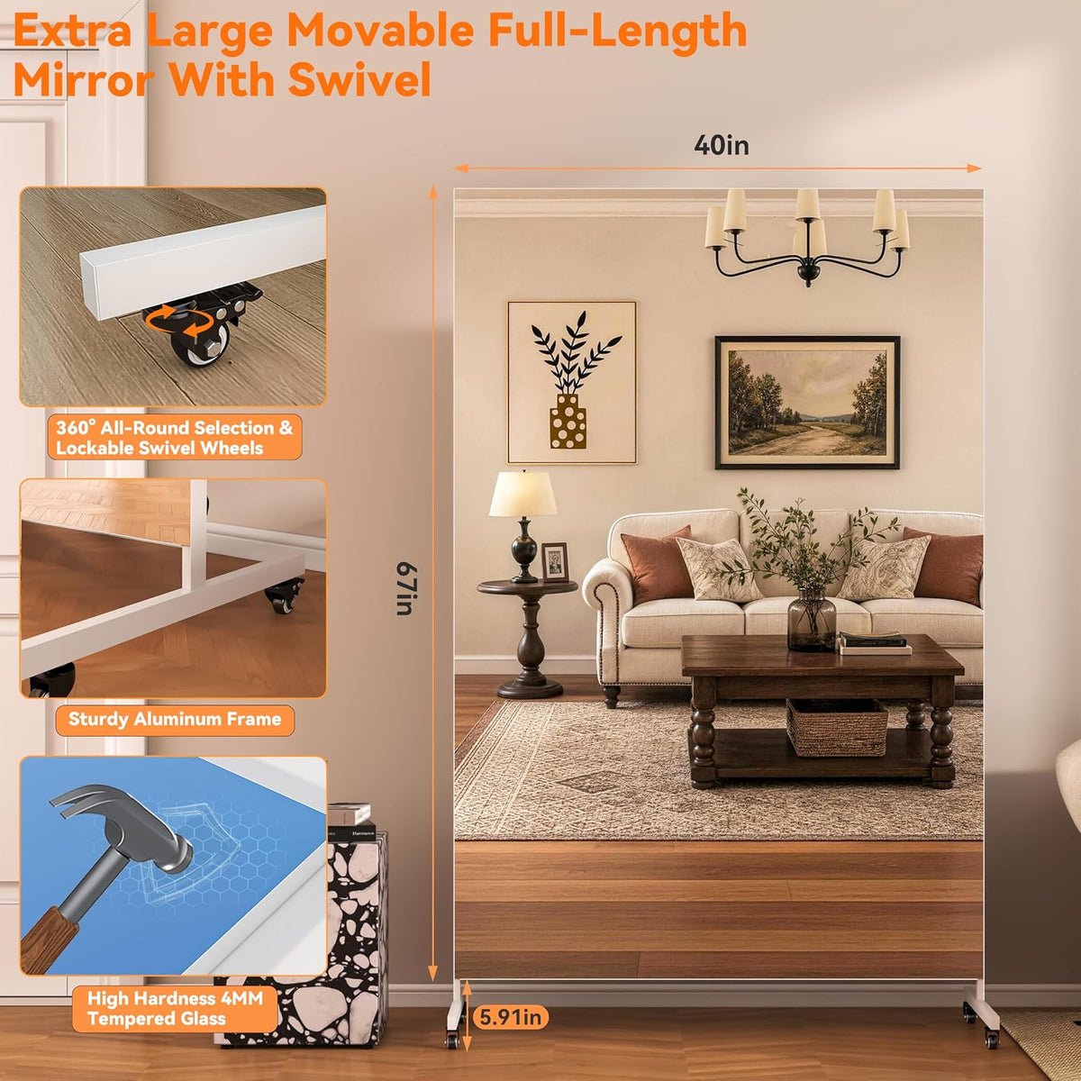 Hasipu 71" x 28" Arched Full Length Mirror on Wheels