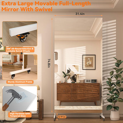 Hasipu 71" x 28" Arched Full Length Mirror on Wheels