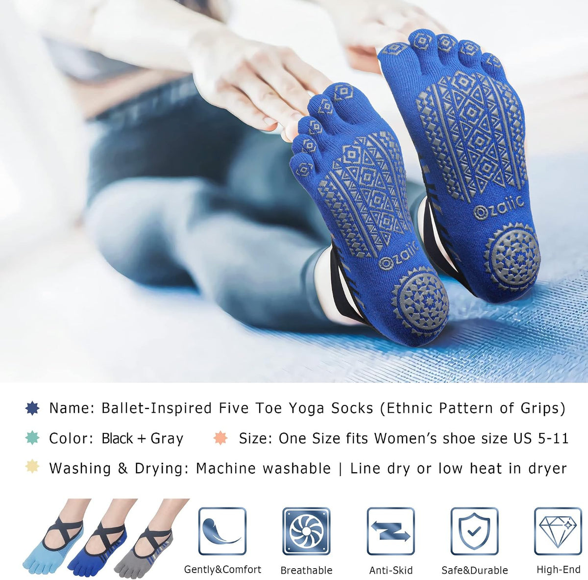 Women Pilates Socks Non Slip Grip Five Toe Yoga Socks for Fitness