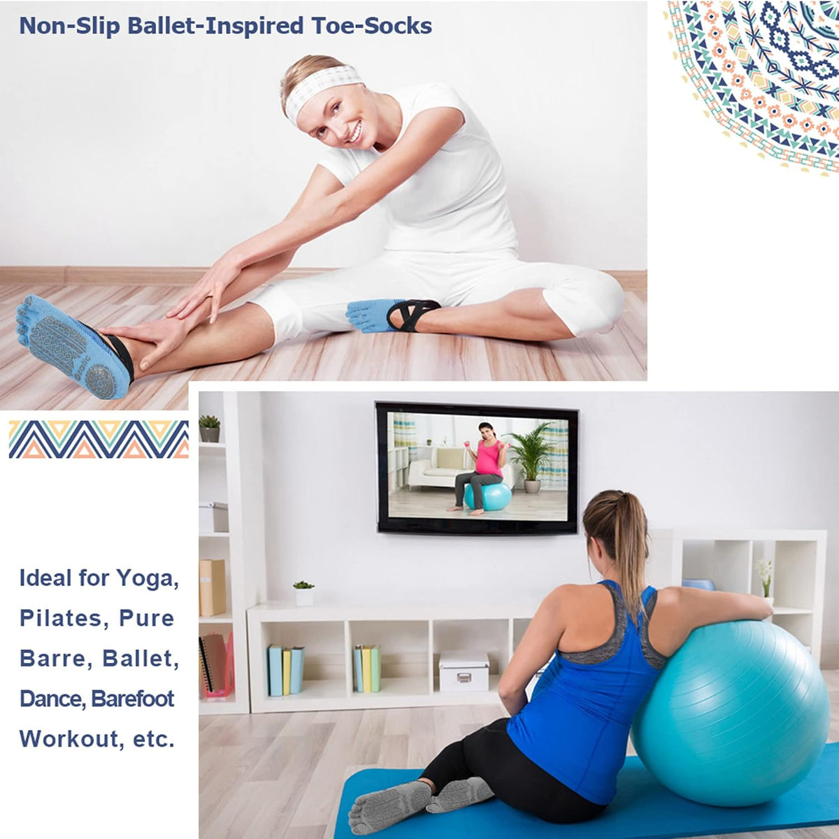 Women Pilates Socks Non Slip Grip Five Toe Yoga Socks for Fitness