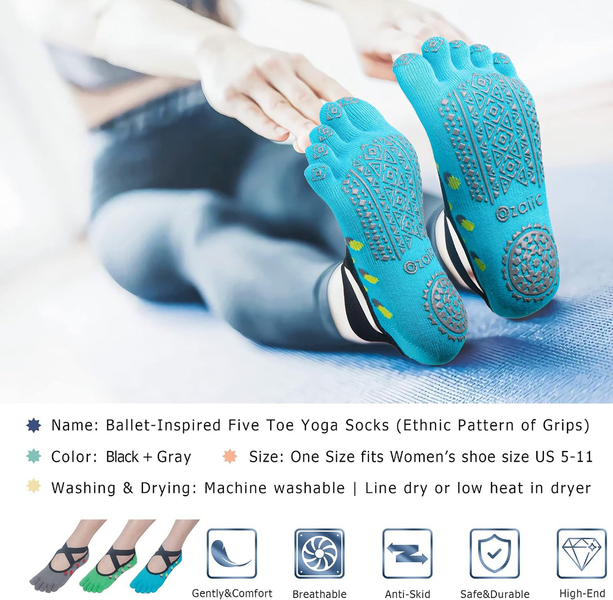 Women Pilates Socks Non Slip Grip Five Toe Yoga Socks for Fitness