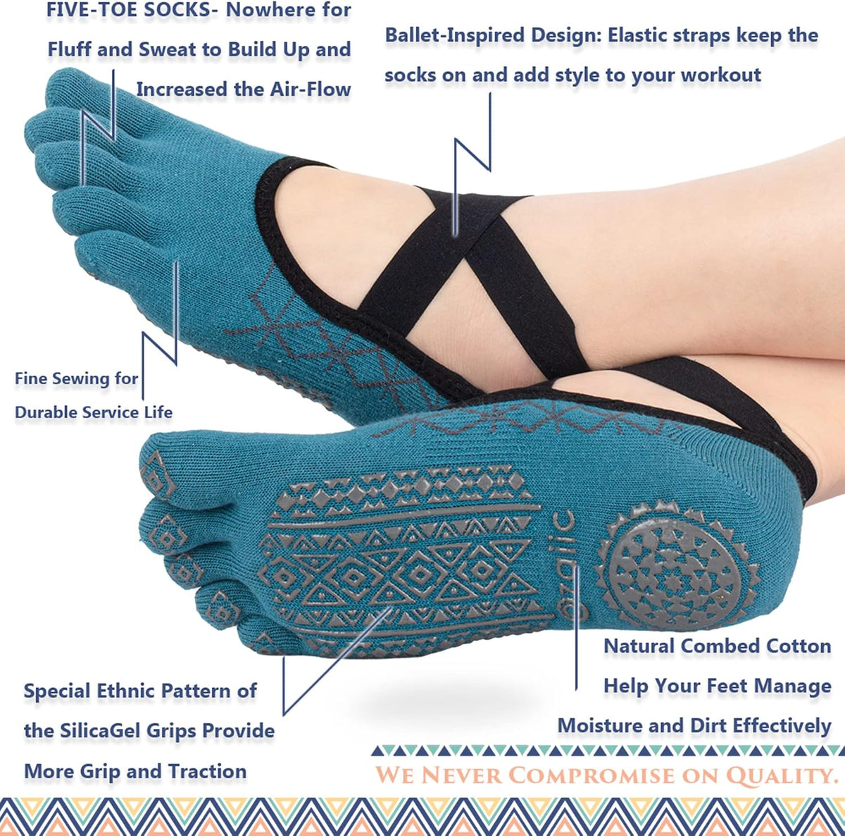 Women Pilates Socks Non Slip Grip Five Toe Yoga Socks for Fitness
