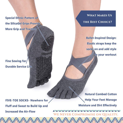 Women Pilates Socks Non Slip Grip Five Toe Yoga Socks for Fitness