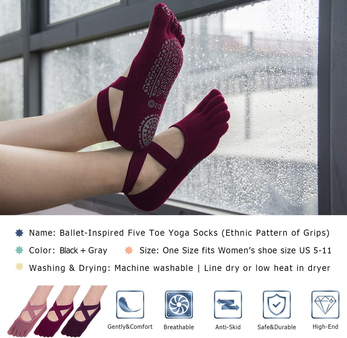 Women Pilates Socks Non Slip Grip Five Toe Yoga Socks for Fitness