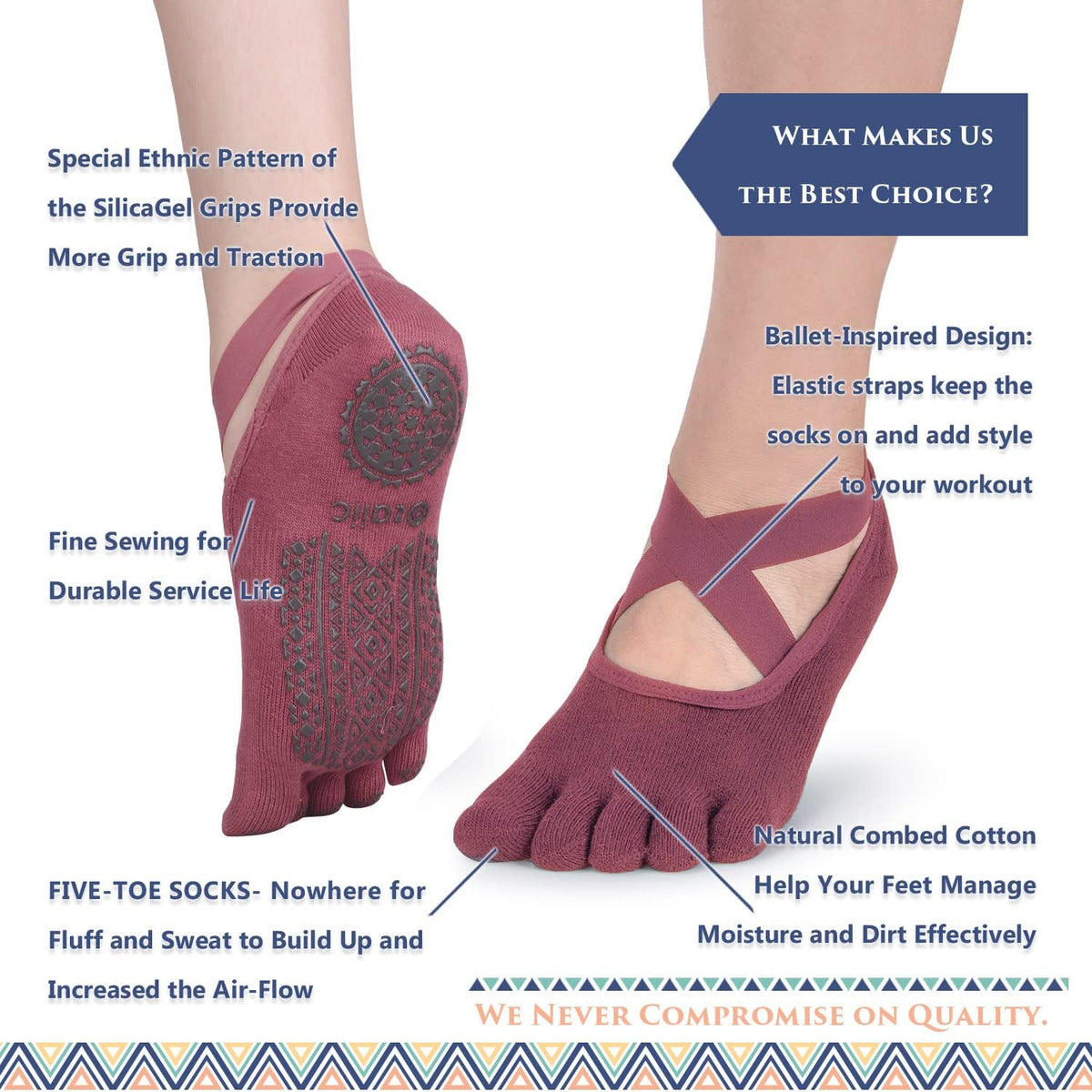 Women Pilates Socks Non Slip Grip Five Toe Yoga Socks for Fitness