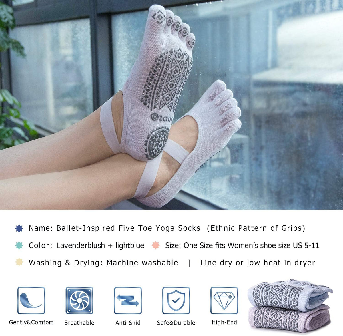 Women Pilates Socks Non Slip Grip Five Toe Yoga Socks for Fitness