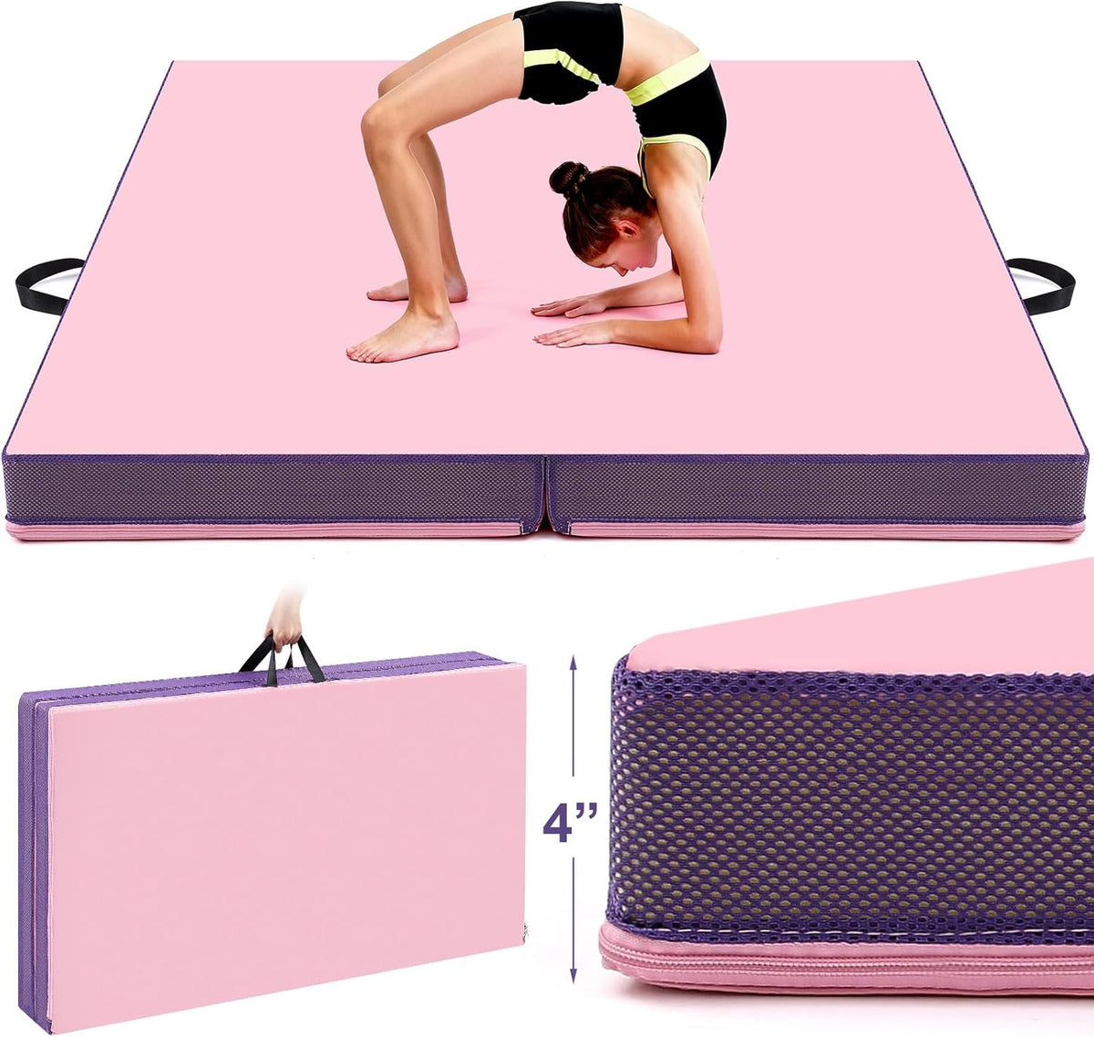 4'' Thick Folding Gymnastics Mat 4ft x 4ft Gymnastics Practice Mats for Tumbling for Girl Stretching Yoga Pilates Aerobics Workouts Cheerleading Martial Arts