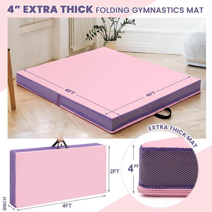4'' Thick Folding Gymnastics Mat 4ft x 4ft Gymnastics Practice Mats for Tumbling for Girl Stretching Yoga Pilates Aerobics Workouts Cheerleading Martial Arts