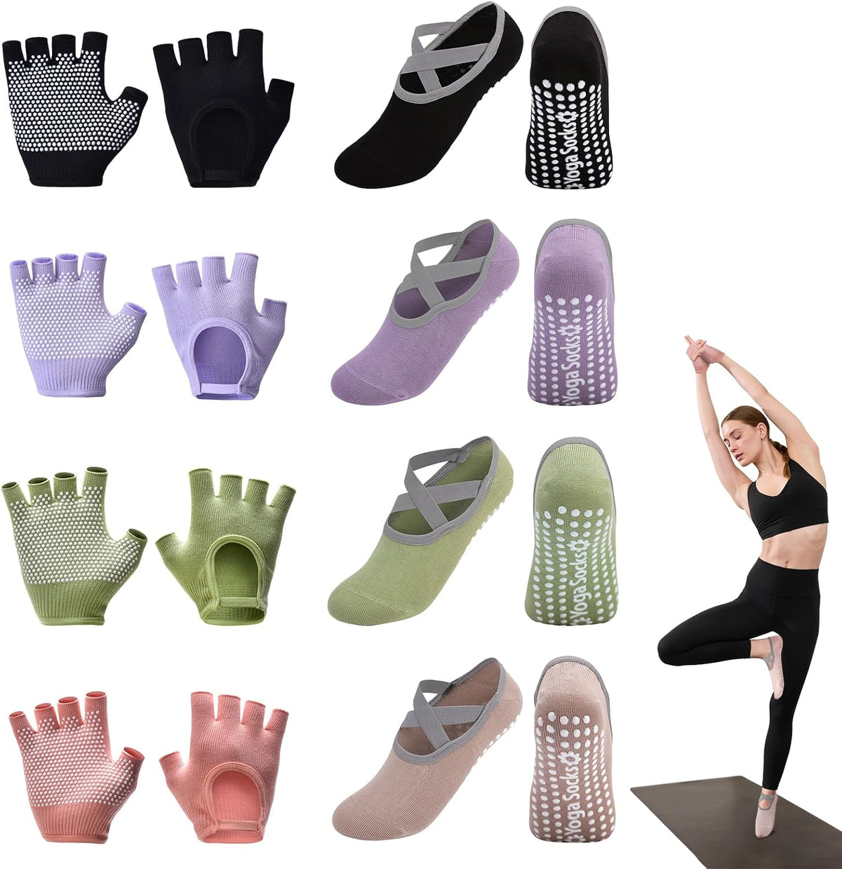 8 Pairs Yoga Gloves Socks Set with Grip for Women, Non Slip Clasped Pilates Socks and Fingerless Exercise Workout Gloves for Ballet Barre Dance Fitness