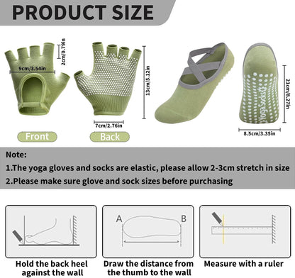 8 Pairs Yoga Gloves Socks Set with Grip for Women, Non Slip Clasped Pilates Socks and Fingerless Exercise Workout Gloves for Ballet Barre Dance Fitness