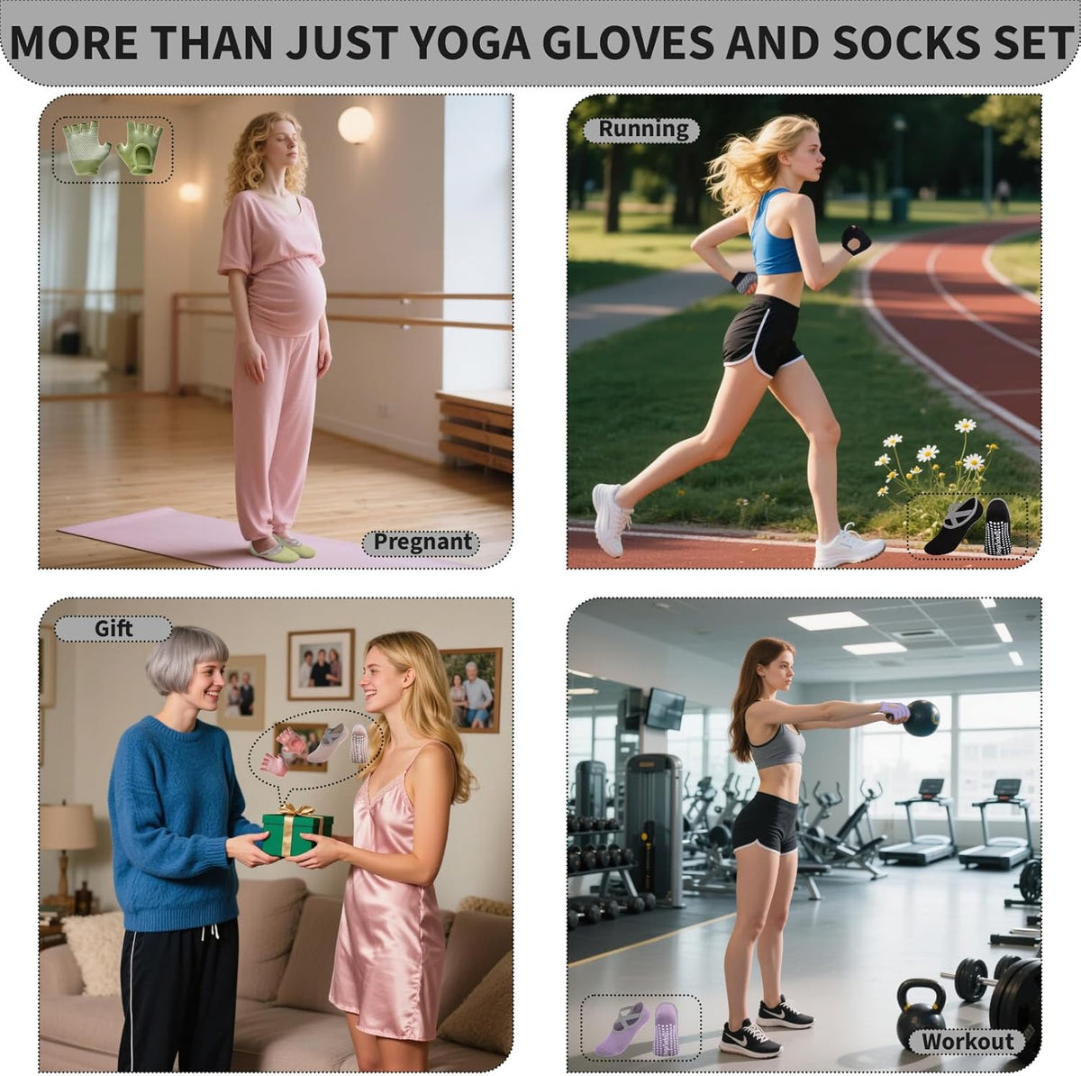 8 Pairs Yoga Gloves Socks Set with Grip for Women, Non Slip Clasped Pilates Socks and Fingerless Exercise Workout Gloves for Ballet Barre Dance Fitness