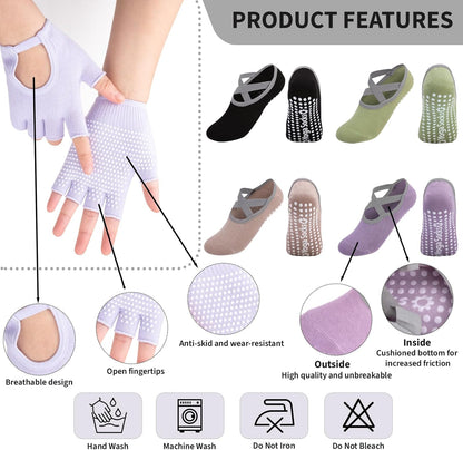 8 Pairs Yoga Gloves Socks Set with Grip for Women, Non Slip Clasped Pilates Socks and Fingerless Exercise Workout Gloves for Ballet Barre Dance Fitness