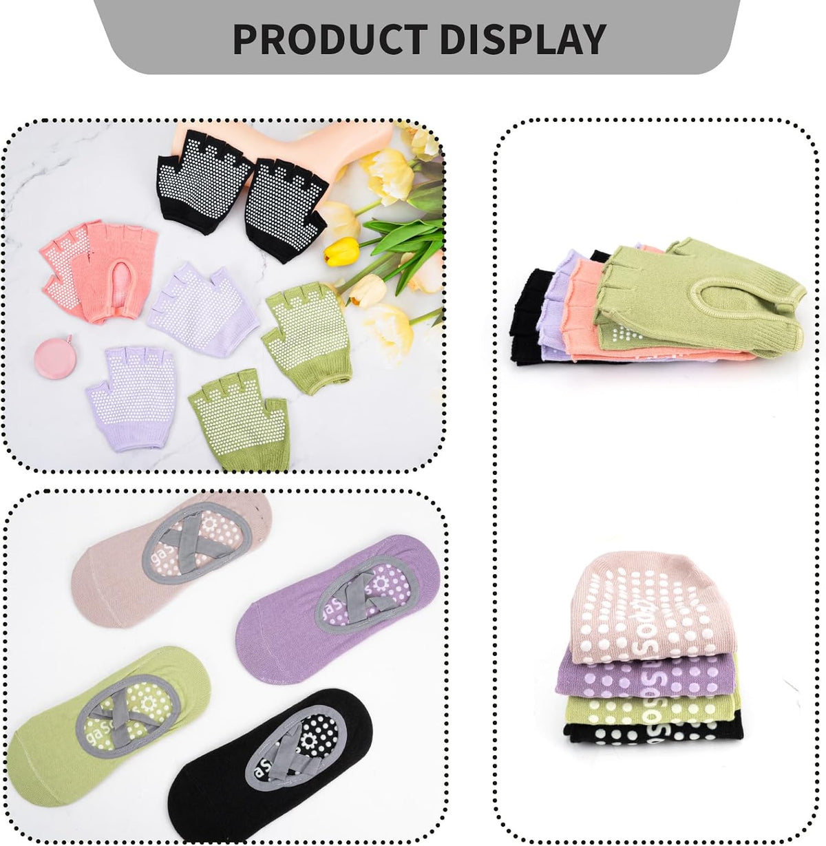 8 Pairs Yoga Gloves Socks Set with Grip for Women, Non Slip Clasped Pilates Socks and Fingerless Exercise Workout Gloves for Ballet Barre Dance Fitness