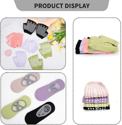 8 Pairs Yoga Gloves Socks Set with Grip for Women, Non Slip Clasped Pilates Socks and Fingerless Exercise Workout Gloves for Ballet Barre Dance Fitness