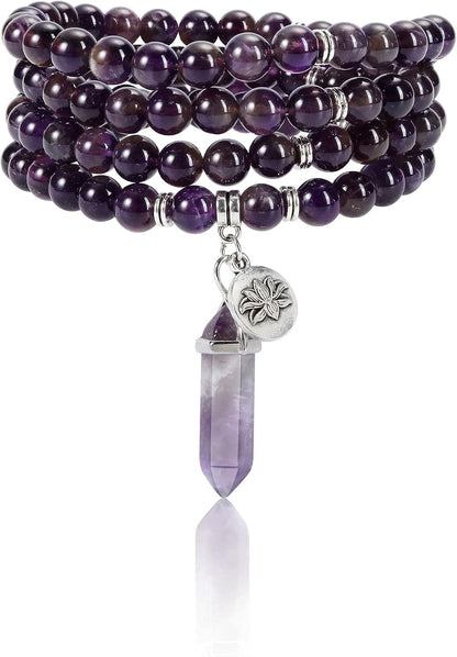 108 Mala Beads Bracelet 8mm Natural Amethyst Rose Quartz Healing Crystal Stone Mala Prayer Bead Necklace Hexagonal Prism Gemstone Reiki Pointed Pendant for Yoga Meditation Energy Balancing
