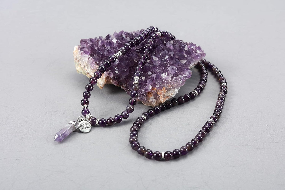 108 Mala Beads Bracelet 8mm Natural Amethyst Rose Quartz Healing Crystal Stone Mala Prayer Bead Necklace Hexagonal Prism Gemstone Reiki Pointed Pendant for Yoga Meditation Energy Balancing