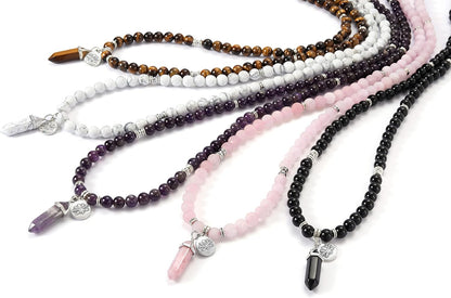 108 Mala Beads Bracelet 8mm Natural Amethyst Rose Quartz Healing Crystal Stone Mala Prayer Bead Necklace Hexagonal Prism Gemstone Reiki Pointed Pendant for Yoga Meditation Energy Balancing