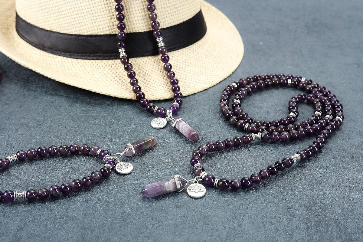 108 Mala Beads Bracelet 8mm Natural Amethyst Rose Quartz Healing Crystal Stone Mala Prayer Bead Necklace Hexagonal Prism Gemstone Reiki Pointed Pendant for Yoga Meditation Energy Balancing