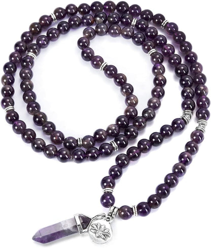 108 Mala Beads Bracelet 8mm Natural Amethyst Rose Quartz Healing Crystal Stone Mala Prayer Bead Necklace Hexagonal Prism Gemstone Reiki Pointed Pendant for Yoga Meditation Energy Balancing