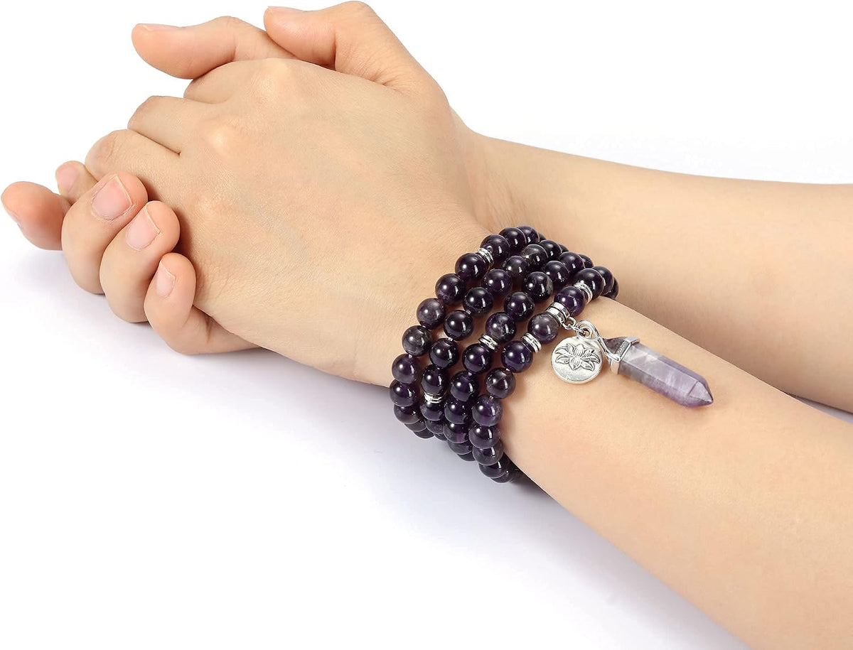 108 Mala Beads Bracelet 8mm Natural Amethyst Rose Quartz Healing Crystal Stone Mala Prayer Bead Necklace Hexagonal Prism Gemstone Reiki Pointed Pendant for Yoga Meditation Energy Balancing