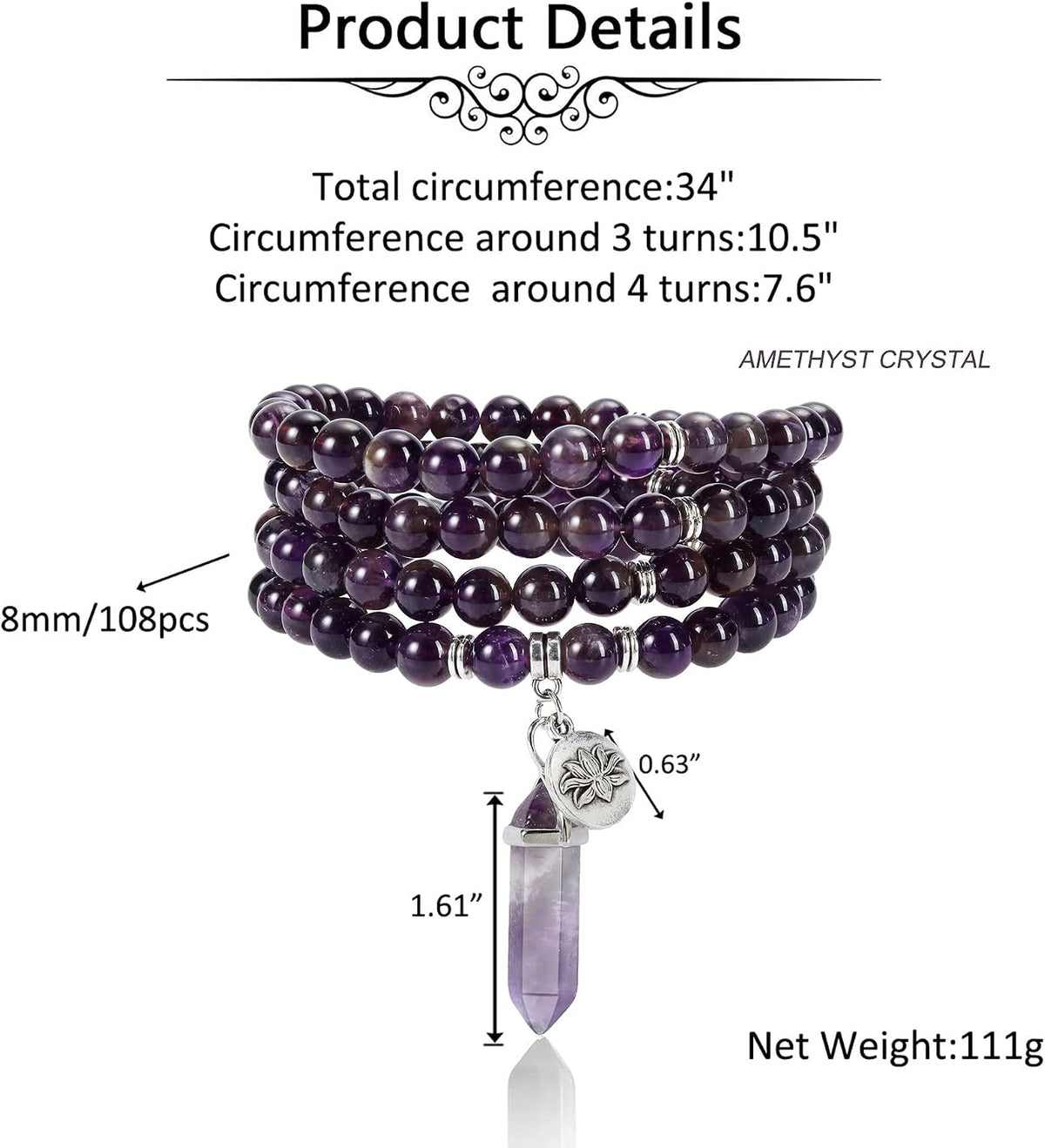 108 Mala Beads Bracelet 8mm Natural Amethyst Rose Quartz Healing Crystal Stone Mala Prayer Bead Necklace Hexagonal Prism Gemstone Reiki Pointed Pendant for Yoga Meditation Energy Balancing