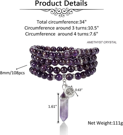 108 Mala Beads Bracelet 8mm Natural Amethyst Rose Quartz Healing Crystal Stone Mala Prayer Bead Necklace Hexagonal Prism Gemstone Reiki Pointed Pendant for Yoga Meditation Energy Balancing