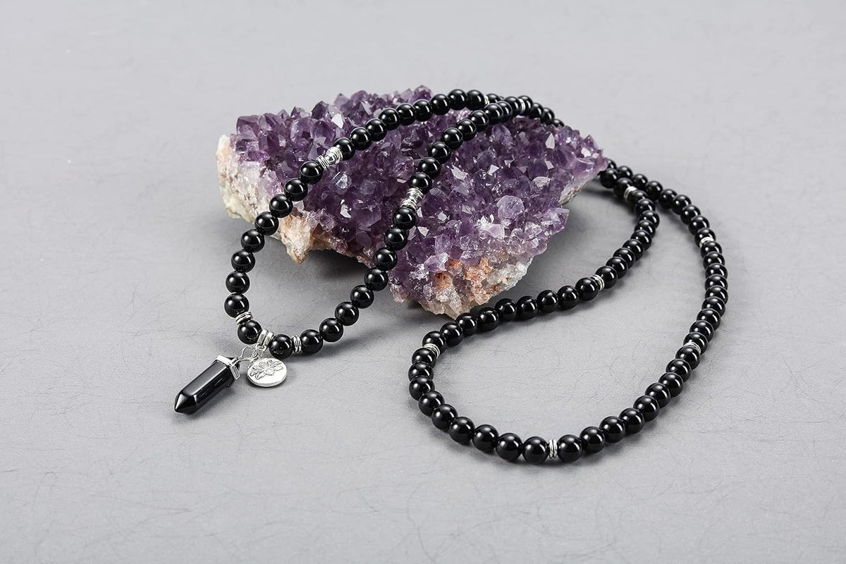 108 Mala Beads Bracelet 8mm Natural Amethyst Rose Quartz Healing Crystal Stone Mala Prayer Bead Necklace Hexagonal Prism Gemstone Reiki Pointed Pendant for Yoga Meditation Energy Balancing