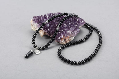 108 Mala Beads Bracelet 8mm Natural Amethyst Rose Quartz Healing Crystal Stone Mala Prayer Bead Necklace Hexagonal Prism Gemstone Reiki Pointed Pendant for Yoga Meditation Energy Balancing