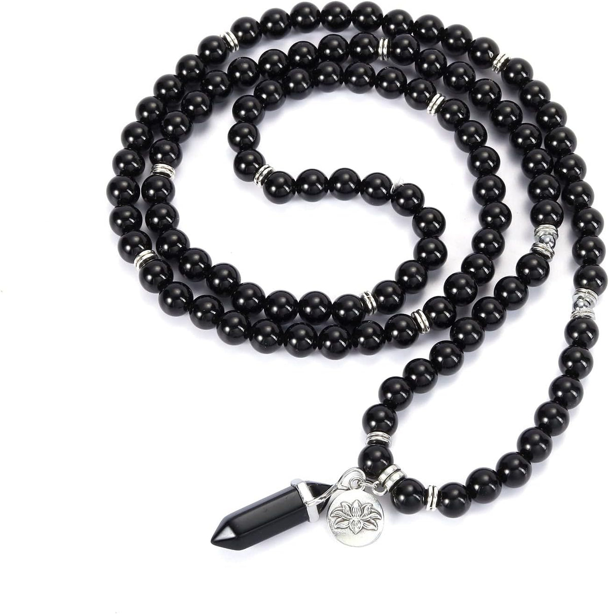 108 Mala Beads Bracelet 8mm Natural Amethyst Rose Quartz Healing Crystal Stone Mala Prayer Bead Necklace Hexagonal Prism Gemstone Reiki Pointed Pendant for Yoga Meditation Energy Balancing
