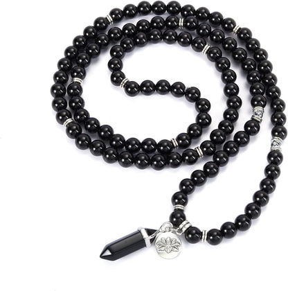 108 Mala Beads Bracelet 8mm Natural Amethyst Rose Quartz Healing Crystal Stone Mala Prayer Bead Necklace Hexagonal Prism Gemstone Reiki Pointed Pendant for Yoga Meditation Energy Balancing