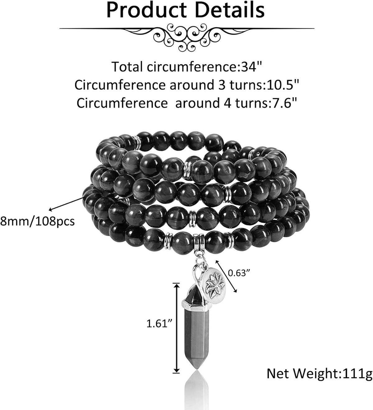 108 Mala Beads Bracelet 8mm Natural Amethyst Rose Quartz Healing Crystal Stone Mala Prayer Bead Necklace Hexagonal Prism Gemstone Reiki Pointed Pendant for Yoga Meditation Energy Balancing