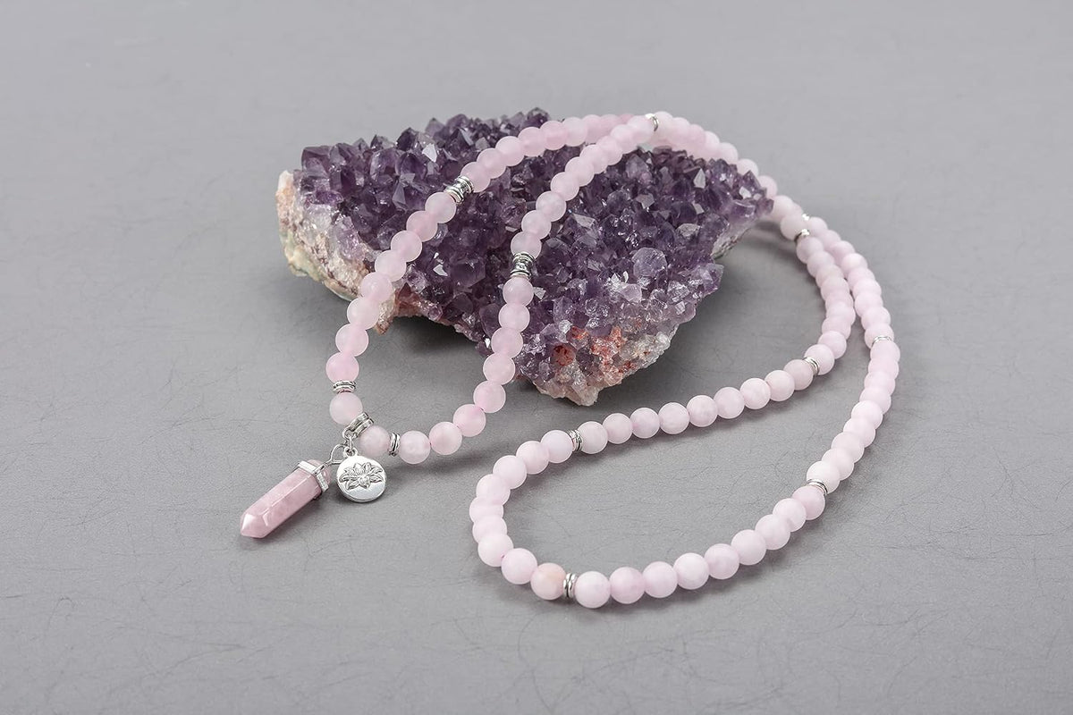 108 Mala Beads Bracelet 8mm Natural Amethyst Rose Quartz Healing Crystal Stone Mala Prayer Bead Necklace Hexagonal Prism Gemstone Reiki Pointed Pendant for Yoga Meditation Energy Balancing