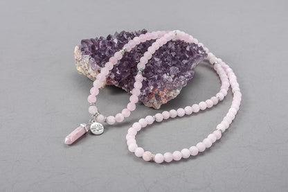108 Mala Beads Bracelet 8mm Natural Amethyst Rose Quartz Healing Crystal Stone Mala Prayer Bead Necklace Hexagonal Prism Gemstone Reiki Pointed Pendant for Yoga Meditation Energy Balancing