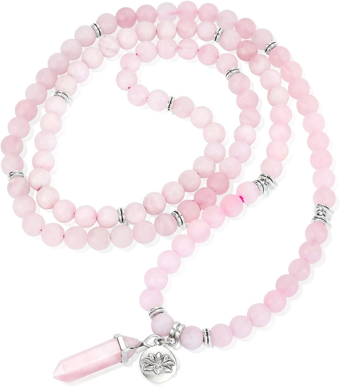 108 Mala Beads Bracelet 8mm Natural Amethyst Rose Quartz Healing Crystal Stone Mala Prayer Bead Necklace Hexagonal Prism Gemstone Reiki Pointed Pendant for Yoga Meditation Energy Balancing