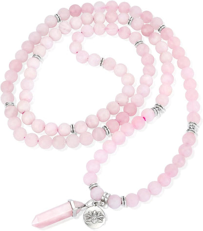 108 Mala Beads Bracelet 8mm Natural Amethyst Rose Quartz Healing Crystal Stone Mala Prayer Bead Necklace Hexagonal Prism Gemstone Reiki Pointed Pendant for Yoga Meditation Energy Balancing