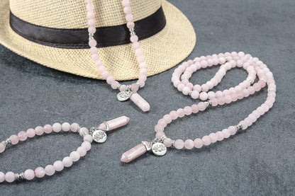 108 Mala Beads Bracelet 8mm Natural Amethyst Rose Quartz Healing Crystal Stone Mala Prayer Bead Necklace Hexagonal Prism Gemstone Reiki Pointed Pendant for Yoga Meditation Energy Balancing