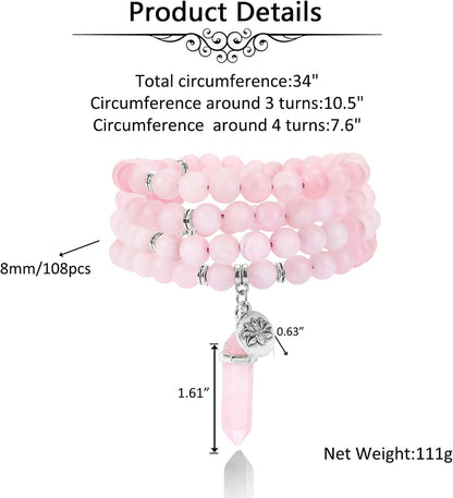 108 Mala Beads Bracelet 8mm Natural Amethyst Rose Quartz Healing Crystal Stone Mala Prayer Bead Necklace Hexagonal Prism Gemstone Reiki Pointed Pendant for Yoga Meditation Energy Balancing