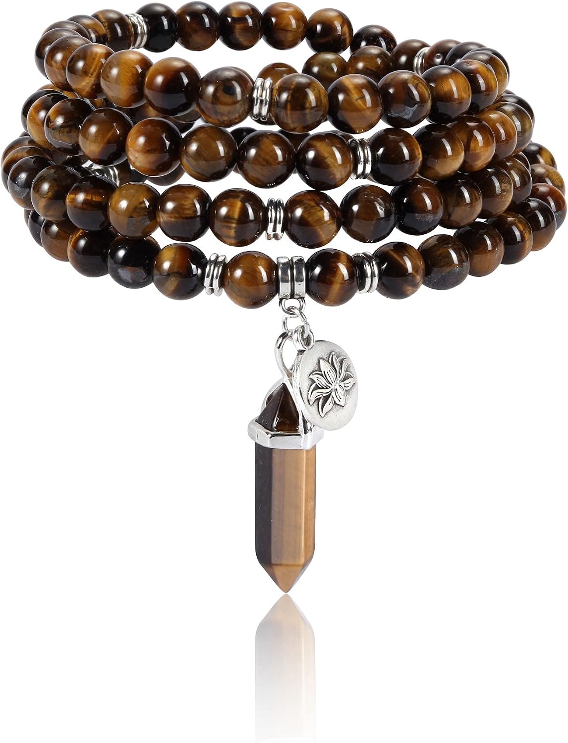 108 Mala Beads Bracelet 8mm Natural Amethyst Rose Quartz Healing Crystal Stone Mala Prayer Bead Necklace Hexagonal Prism Gemstone Reiki Pointed Pendant for Yoga Meditation Energy Balancing
