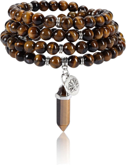 108 Mala Beads Bracelet 8mm Natural Amethyst Rose Quartz Healing Crystal Stone Mala Prayer Bead Necklace Hexagonal Prism Gemstone Reiki Pointed Pendant for Yoga Meditation Energy Balancing
